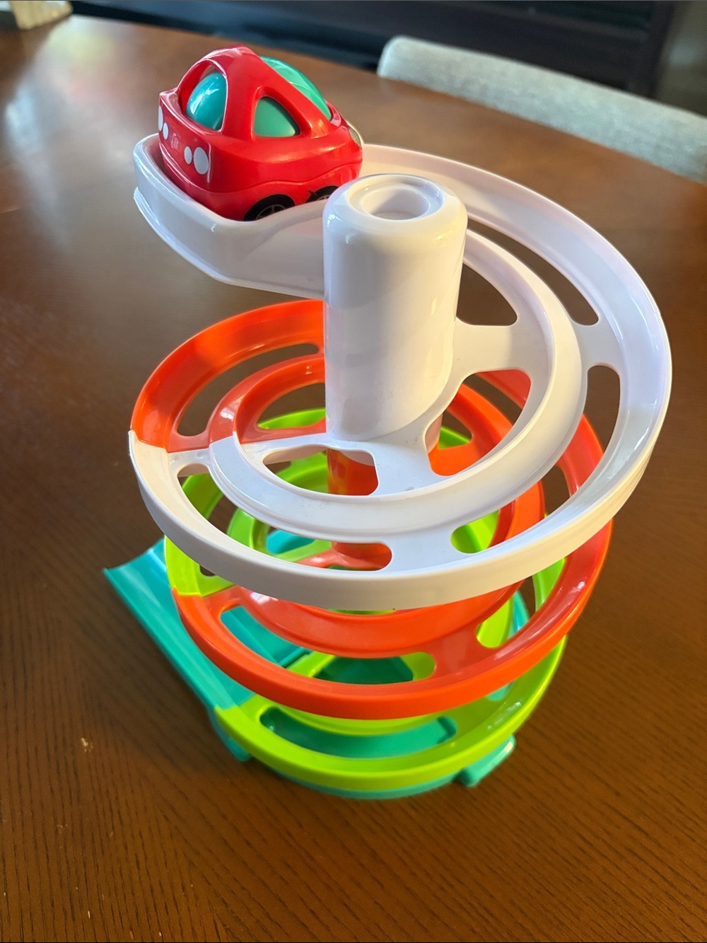 Spiral Roll-Down Toy Track with Red & Teal Car - Kids Vehicles Playset